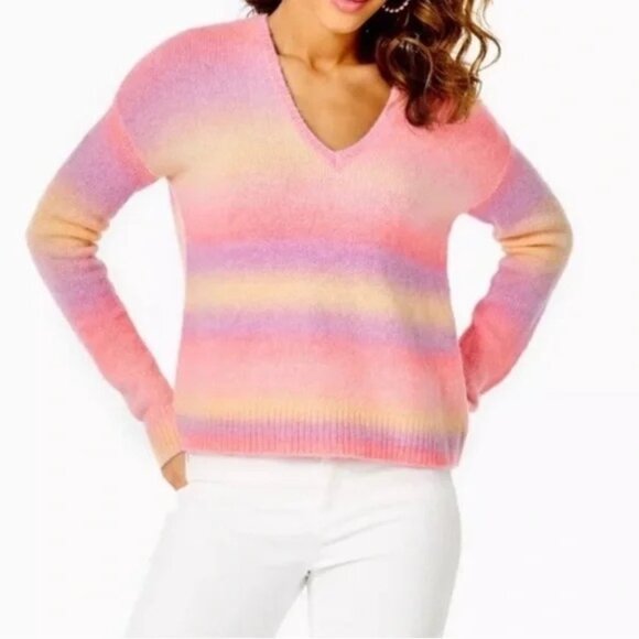 Lilly Pulitzer Pastel Pink & Yellow Ombre V-Neck Sweater - Picture 2 of 9